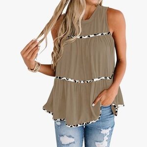 Brown and‎ White Tiered Flowy Sleeveless Babydoll Tank Top Sz M NWT